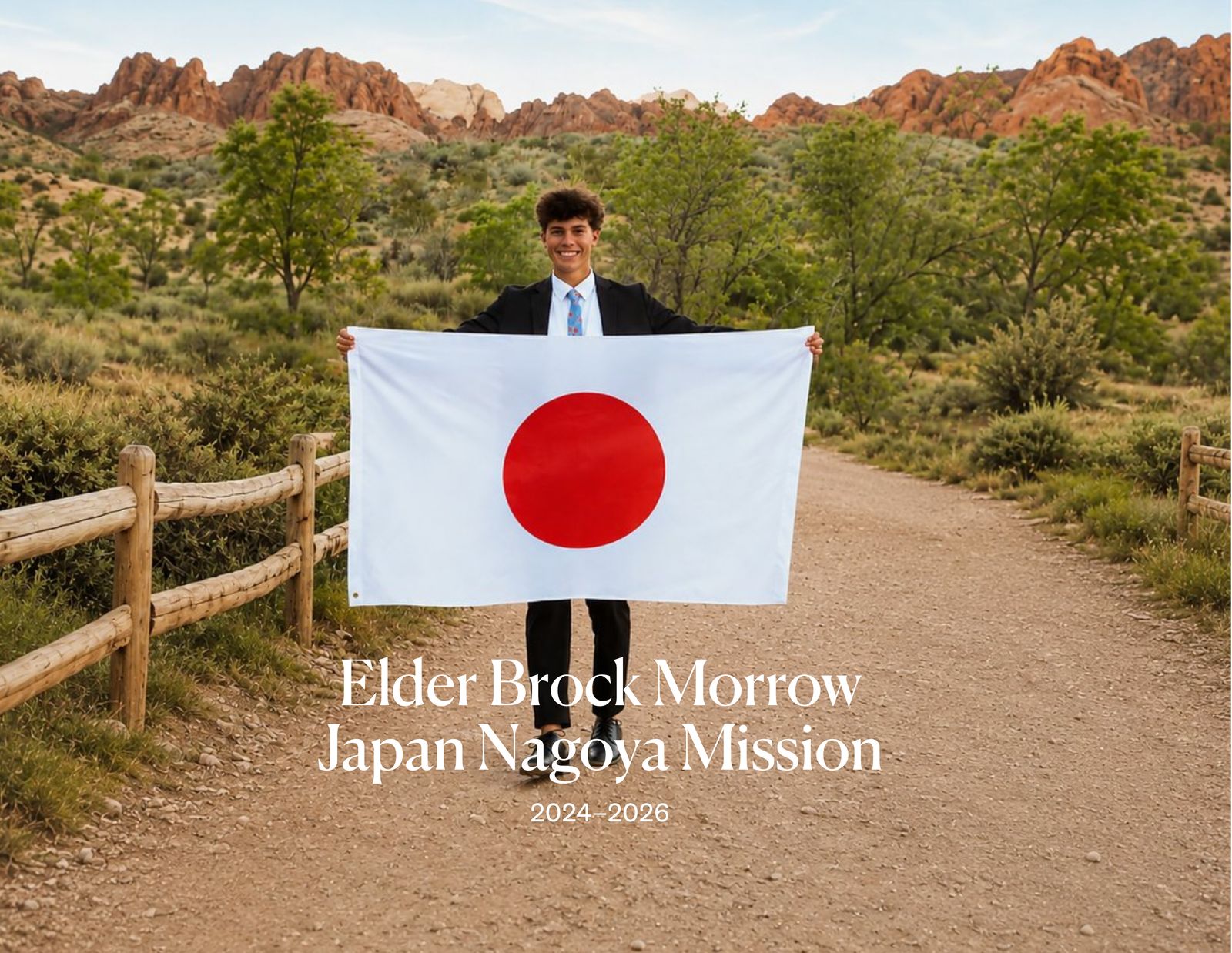 The cover of Elder Brock Morrow's Fieldbound missionary book — he stands on a red-rock desert trail holding the flag of Japan, titled Elder Brock Morrow, Japan Nagoya Mission, 2024–2026.